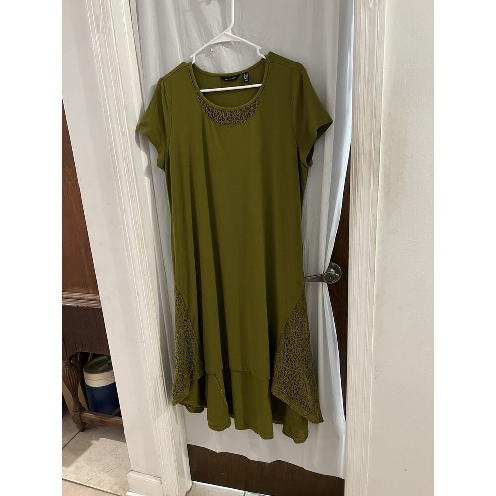 H By Halston Green Crochet Trim Midi Dress High Low Hem Sz L Petite Boho